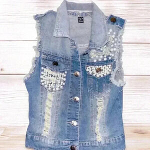 Pearl Studded Women’s Distressed Jean Denim Sleeveless Vest Jacket Women’s Sz S